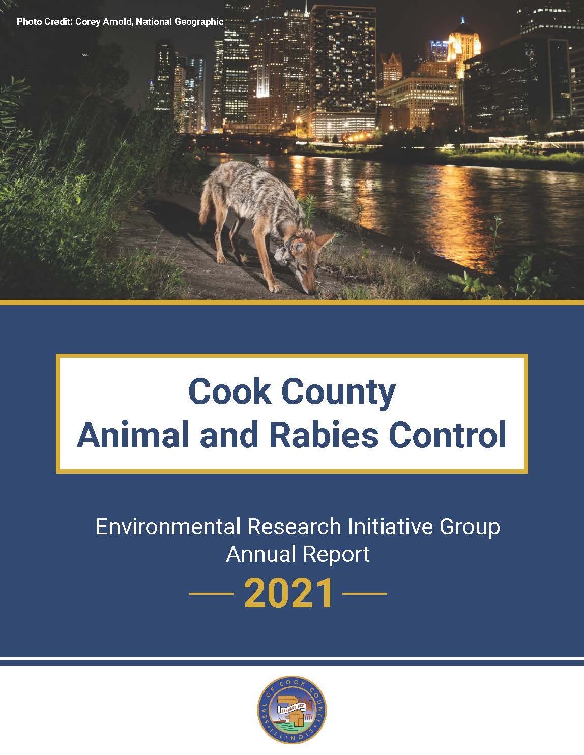 The cover of the 2021 Environmental Research Initiative Group Annual Report shows a coyote in an urban environment.