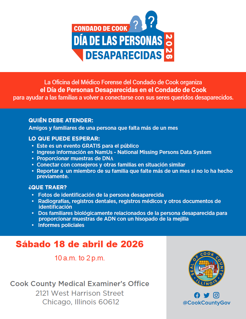 A flyer with information about Missing Persons Day 2026 in Spanish. 