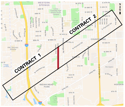 The map shows Contract 1 will address the segment from County Line Road to west of Willow Springs Road. Contract 2 will address the segment from west of Willow Springs Road to East Avenue.