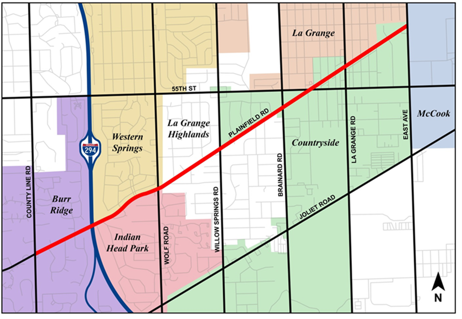 The Plainfield Road project location map shows the communities the project extends through and highlights the major roadways that intersect Plainfield Road.