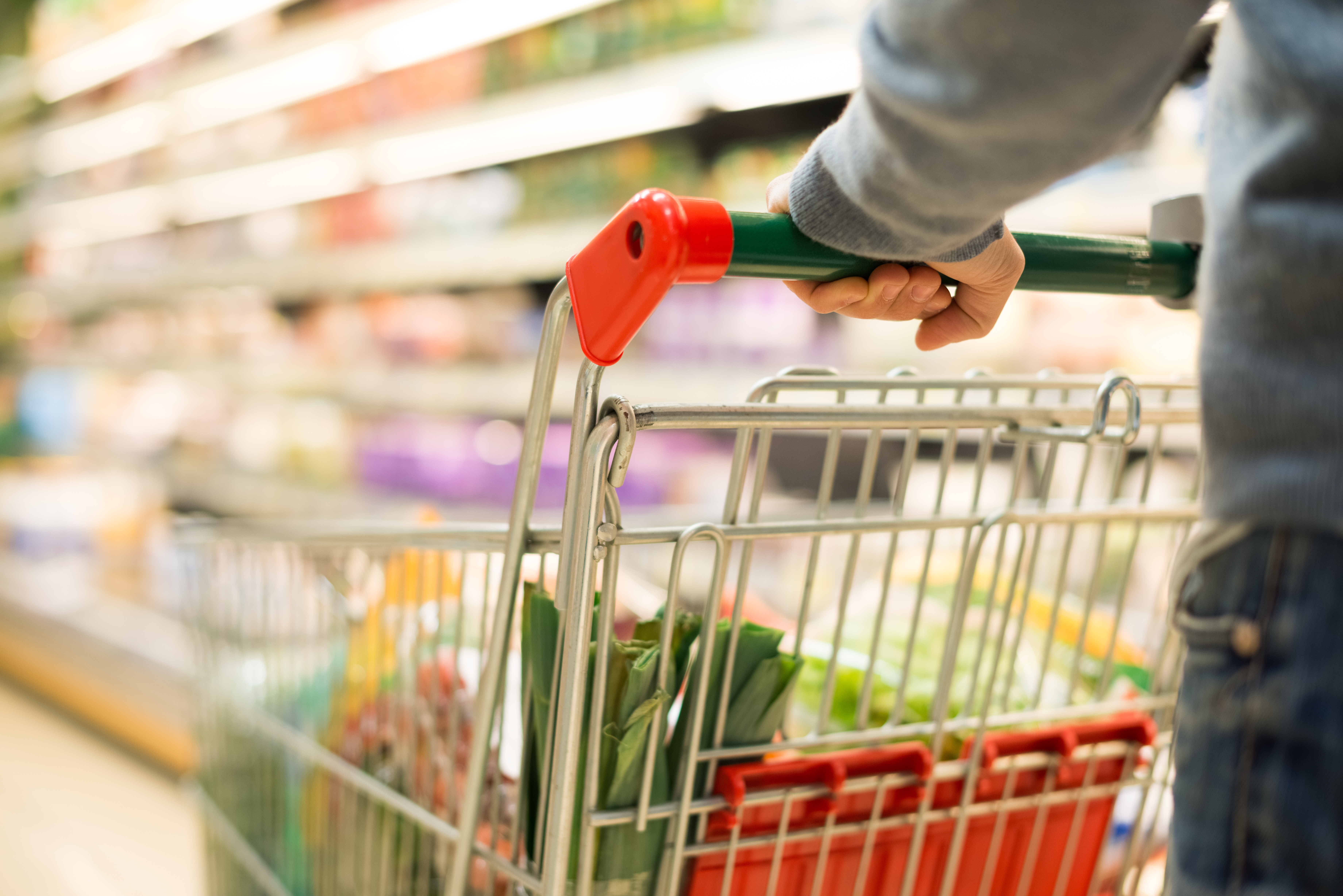 A customer pushing a cart in a grocery store 