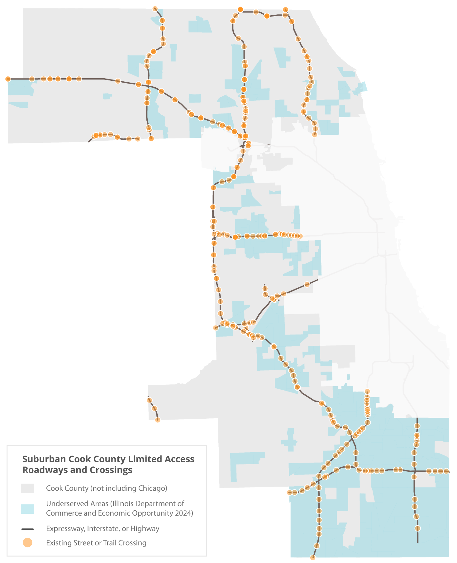 Map shows 246 known locations where roads or trails cross limited access roadways in suburban Cook County.