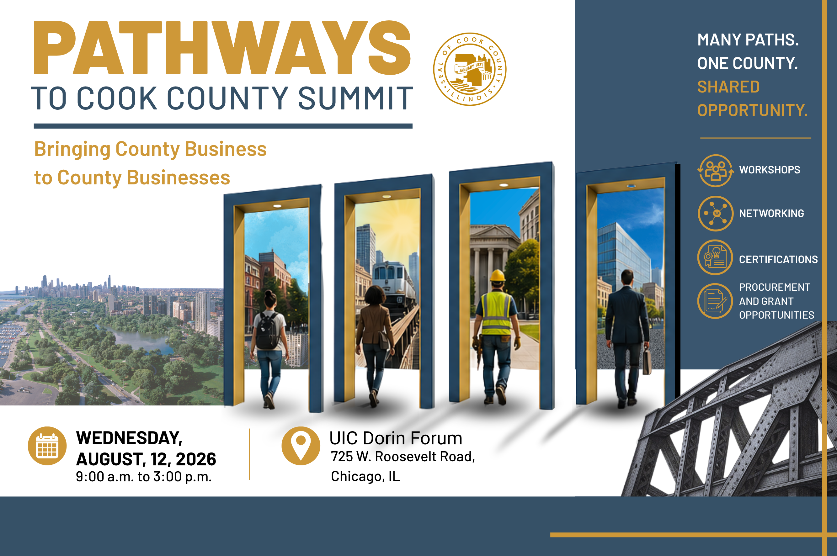 Pathways to Cook County Summit on August 12, 2026 at UIC Dorin Forum in Chicago, featuring workshops, networking, certifications and grant opportunities