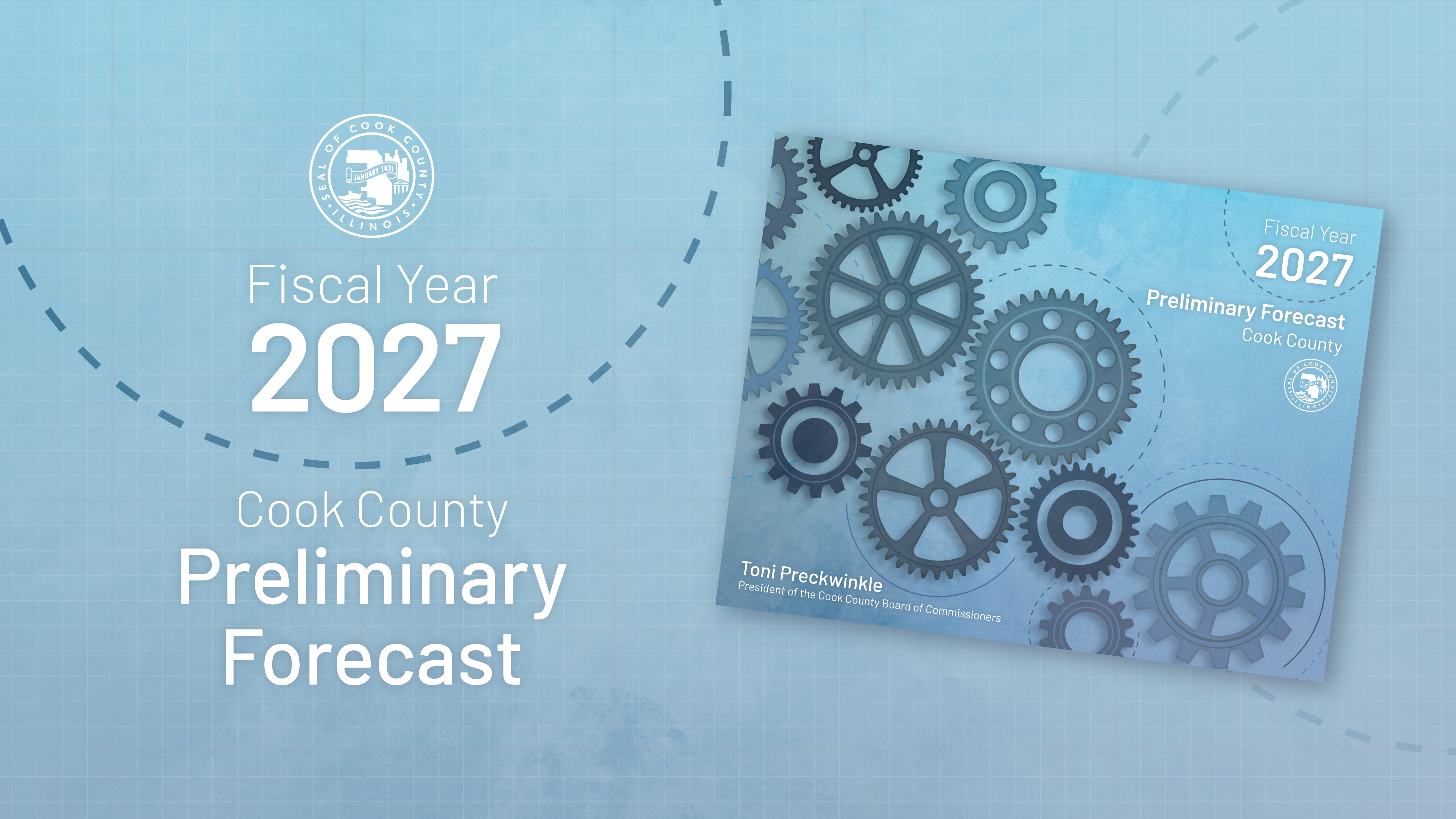 Image is of the blue cover of the FY2027 preliminary forecast document