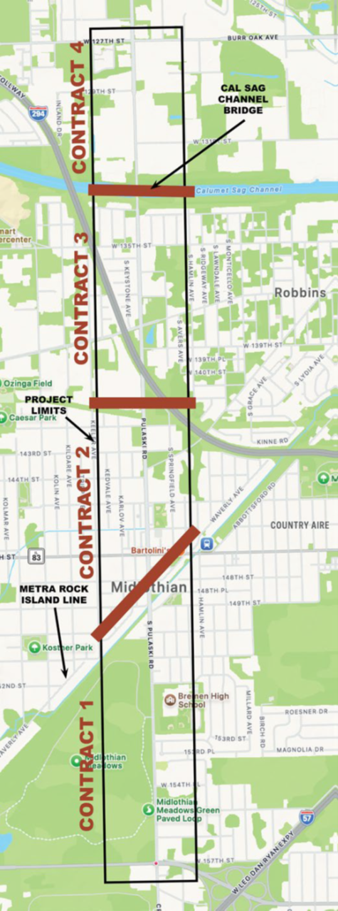 Pulaski Road construction contract exhibit with major roadways.