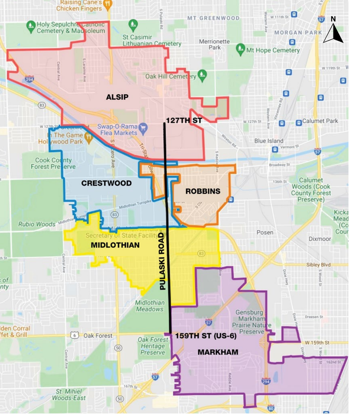 Pulaski Road Project location map that shows communities and major roadways in surrounding areas..