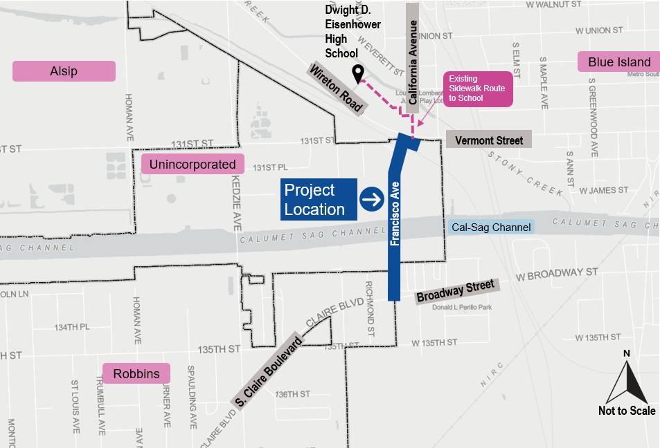 Francisco Avenue Sidewalks project location map with communities and major roadways