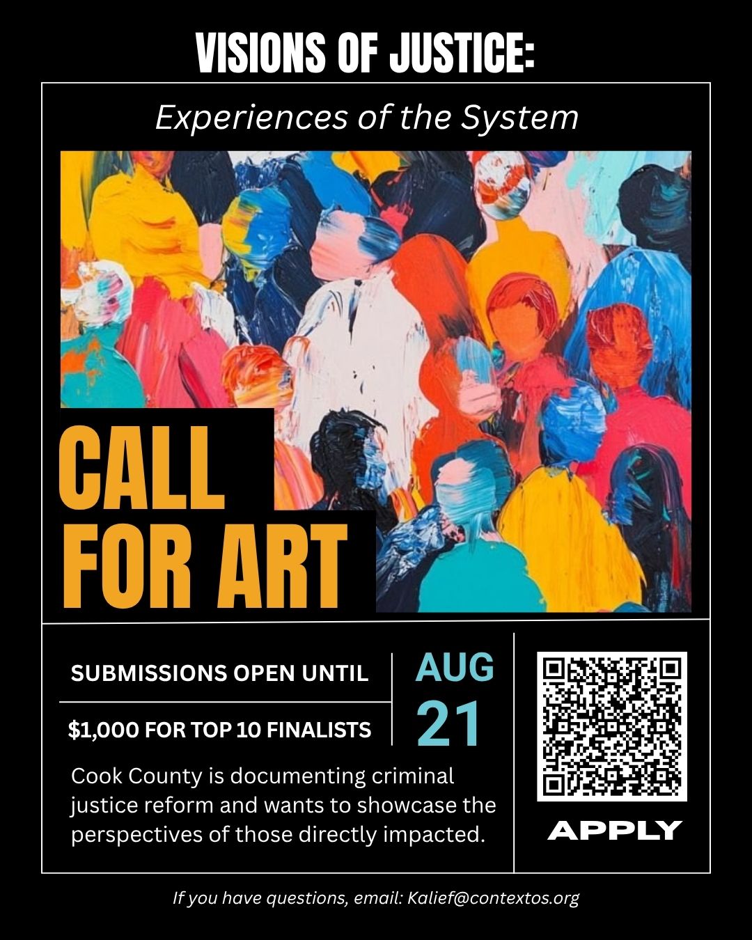 Call for Art flyer with colorful abstract painting of people standing close together. Details in flyer are in website text.  