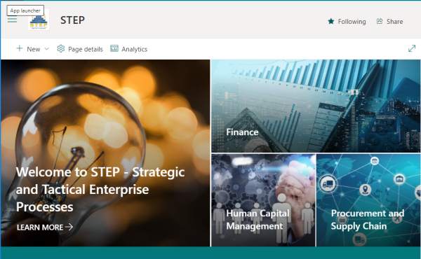 New STEP site in SharePoint - showing screen shot of home page with tiles for the topic sections